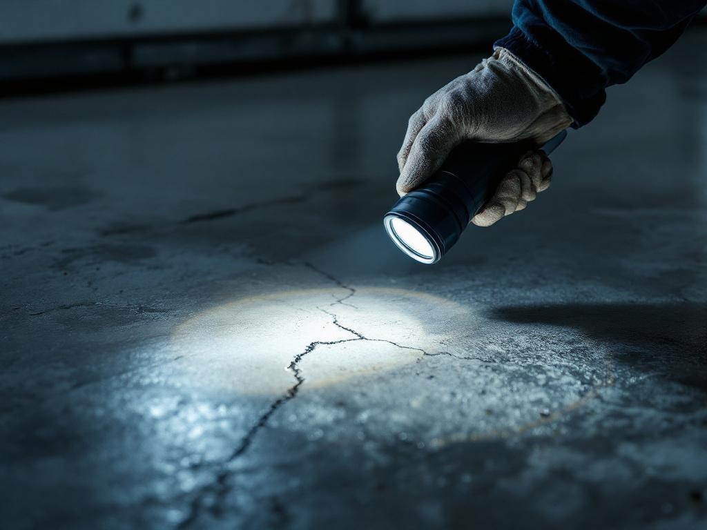 Inspecting concrete floor cracks with flashlight